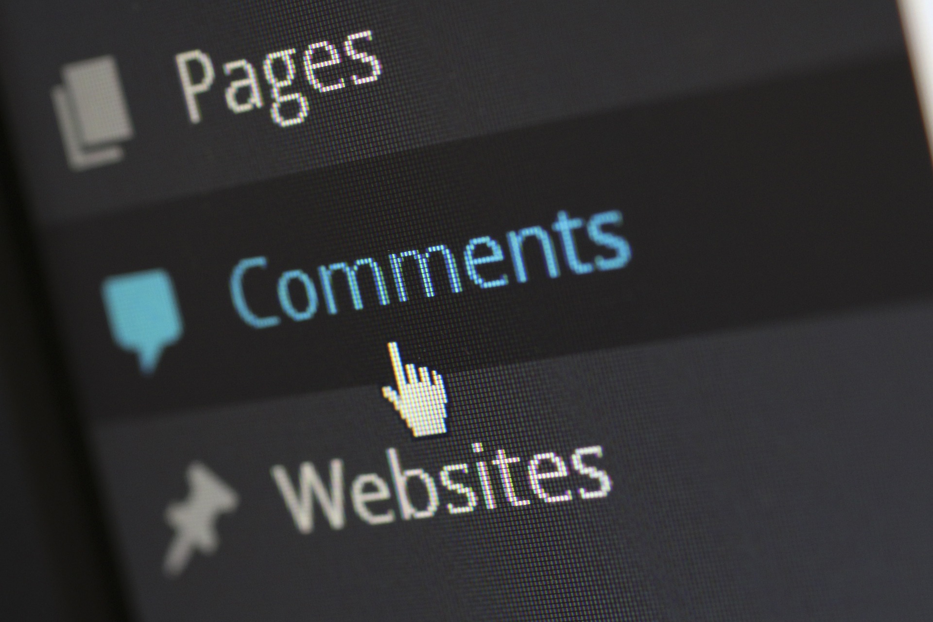 A snapshot of a computer screen showing the cursor pointing to 'Comments', which is in between 'Pages' and 'Websites'