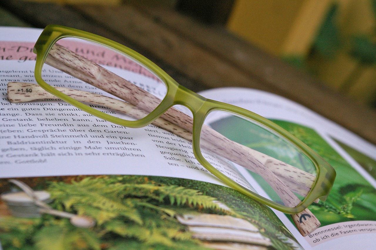 A pair of glasses resting on top of an open book.